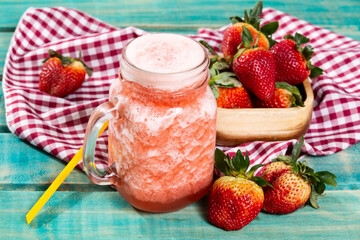 Tasty Strawberry Juice; Photo On Wooden Background