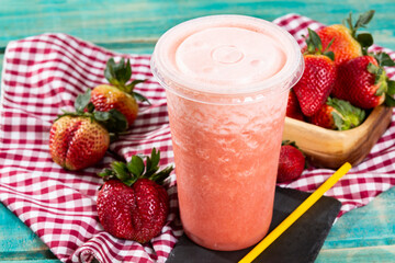 Tasty Strawberry Juice; Photo On Wooden Background