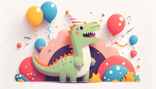 A cute dinosaur celebrating a birthday with balloons and confetti. Generative AI