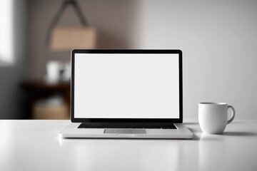 Minimalistic: A Computer Laptop Mockup on a Clean White Table Background Blank Screen Ready for Your Design. Generative AI