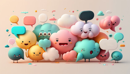A funny group of cute characters like clouds with a speech bubble expressing their playful thoughts. Generative AI