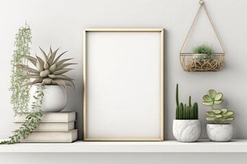 Minimalist Decor: Poster Mockup with Metal Frame and Woven Basket of Succulents. Generative AI