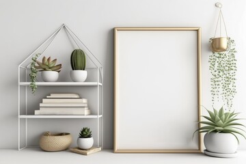 Minimalist Decor: Poster Mockup with Metal Frame and Woven Basket of Succulents. Generative AI