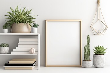 Minimalist Decor: Poster Mockup with Metal Frame and Woven Basket of Succulents. Generative AI