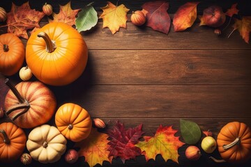 Fall Harvest: A Thanksgiving Day Background with Rustic Wooden Texture and Seasonal Elements. Generative AI
