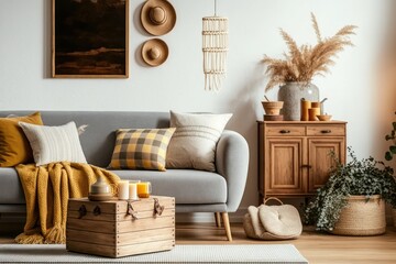  Boho Living Room Interior with a Gray Sofa, Wooden Coffee Table, and Personal Accessories in Nature-Inspired Colors and Patterns. Generative AI
