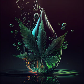 bright colorful indica leaf in a drop of water cannabis themed, abstract art piece with smoke, leaves and buds, ai generated