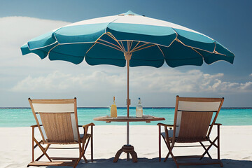 Two beach chairs and table, on tropical beach shore. Summer holiday, vacation background.