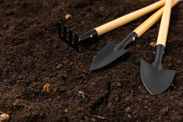 Garden tools on the background of the texture of fertile soil. Gardening concept. Working in the garden. Transplanting indoor plants. Garden shovels and rakes, soil, expanded clay, gardening gloves.