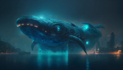 deep sea monster blue whale, fantastic inhabitants of the deep ocean. deep sea monsters 
