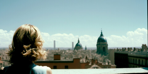 Fototapeta na wymiar Vertical shot of Madrid Spain with Beautiful strong young woman Generative AI