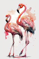 Pink flamingos watercolor immitation on the white background Generative AI