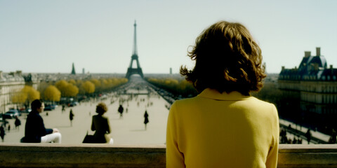 Fototapeta na wymiar Vertical shot of Paris France with Beautiful strong young woman Generative AI