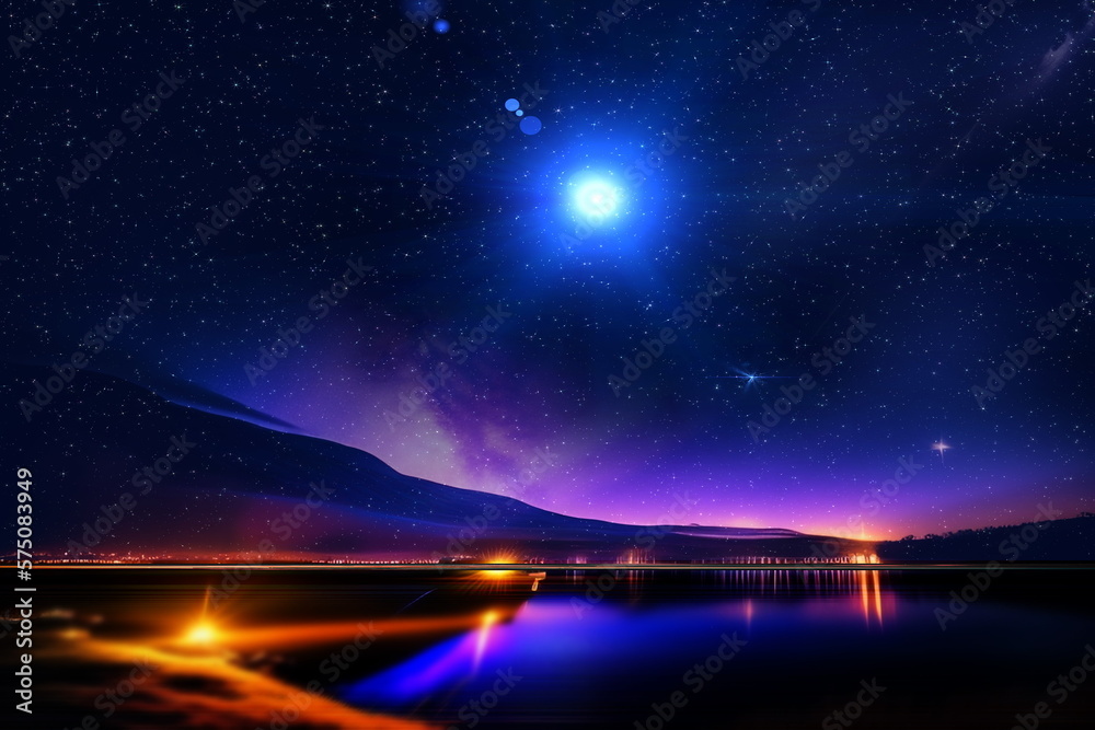 Wall mural night sky on sea big moon on horizon mountains mediterranean sunset blurred city light