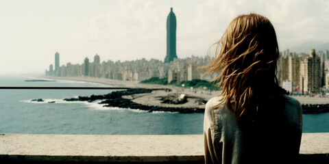 Vertical shot of beautiful strong woman goes to Top-Rated Touristic places Generative AI