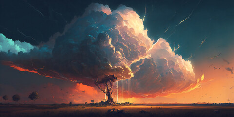 Lightning Storm over Desert Landscape with only one tree. Ai generative