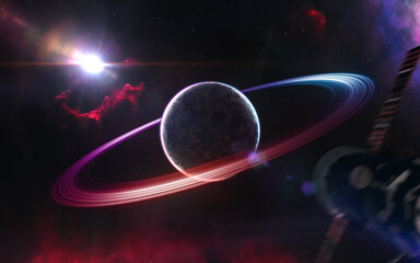Distant planet in red, blue and magenta starlight. Science fiction. Elements of this image furnished by NASA