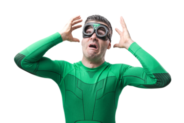 Terrified superhero with hands raised