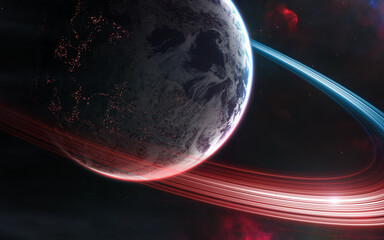 Inhabited deep space planet in blue and red starlight. Science fiction. Elements of this image furnished by NASA
