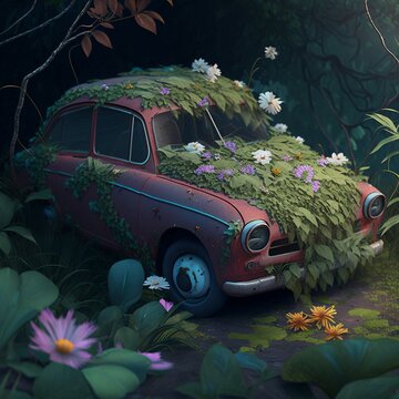 Oldtimer Kaputtes Auto zugewachsen mit Pflanzen detailliert wundersch&ouml;n AI generiert 