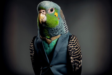 Obraz premium Vertical shot of parakeet in suit, spirit animal Generative AI