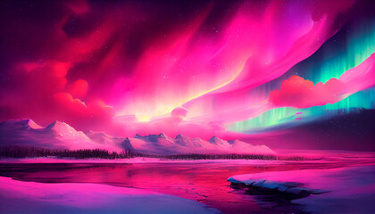 Pink aurora borealis northern lights over ice and snow landscape , Cinematic, Color grading, Editorial. Generative AI