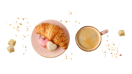 Hot coffee cup, fresh baked nut croissant and heart shape sweet cookies macarons macaroons with crumbs on vintage pink plate isolated