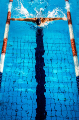 Atleta nuota in piscina Olimpionica, vista dall'alto di una corsia