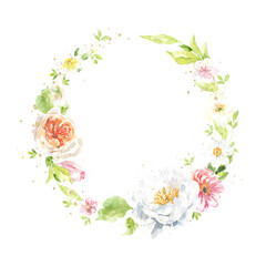 Watercolor Easter floral wreath illustration, spring animal round gold floral frame for baby shower invitation, easter egg hunt invite, spring wedding, greeting card, nursery printable frame art