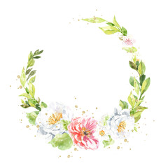 Watercolor Easter floral wreath illustration, spring animal round gold floral frame for baby shower invitation, easter egg hunt invite, spring wedding, greeting card, nursery printable frame art