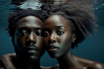 Cute beautiful black couple underwater Generative AI