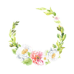 Watercolor Easter floral wreath illustration, spring animal round frame with cute duck for baby shower invitation, easter egg hunt invite, spring wedding, greeting card, nursery printable frame art