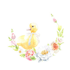 Watercolor Easter floral wreath illustration, spring animal round frame with cute duck for baby shower invitation, easter egg hunt invite, spring wedding, greeting card, nursery printable frame art