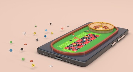 roulette with chips on a cell phone, online games, roulette games (3d illustration)