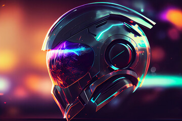 Cyberpunk motorcycle helmet on blurry background. Generative Ai.