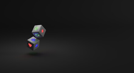 dice with suits, casino dice, dice with neow light (3d illustration)