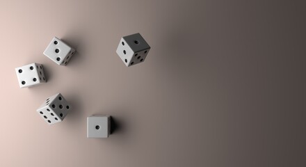 Dices, randomly thrown white dice, casino dice on white background seen from above (3d illustration)