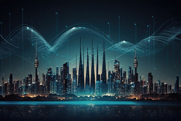 Smart city and big data connection technology concept, blue wavy wires, night megapolis, city skyline background, double exposure, Cityscape, technology, city, vector, digital, office,