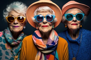 Mature retired women wearing modern colorful clothes and cool sunglasses. Generative AI