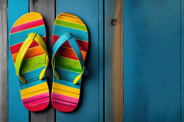 Colorful flip flops over blue wooden background with copy space. Summer, spring break concept. Generative AI illustration