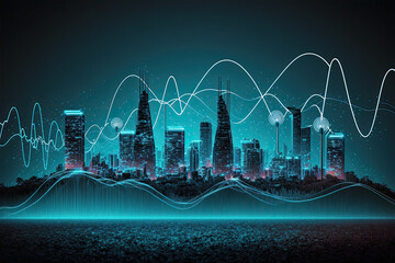 Smart city and big data connection technology concept, blue wavy wires, night megapolis, city skyline background, double exposure, Cityscape, technology, city, vector, digital, office,