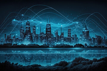 Fototapeta na wymiar Smart city and big data connection technology concept, blue wavy wires, night megapolis, city skyline background, double exposure, Cityscape, technology, city, vector, digital, office,