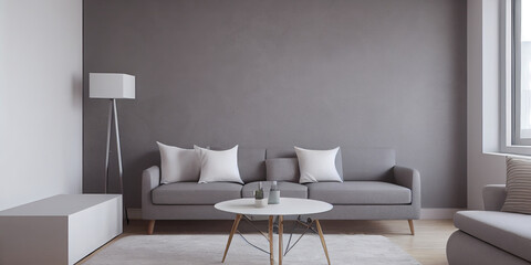 Fototapeta premium Stylish scandinavian living room with design mint sofa, furnitures, mock up poster map, plants and elegant personal accessories. Modern home decor. Bright and sunny room. Generative AI illustration.