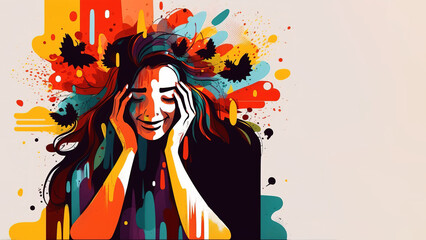 Girl with mental health concept. Abstract flat design illustration banner. Generative AI