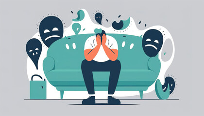 Sad man sitting on the couch worried. Mental health problem illustration banner. Generative AI - obrazy, fototapety, plakaty
