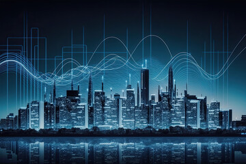 Fototapeta na wymiar Smart city and big data connection technology concept, blue wavy wires, night megapolis, city skyline background, double exposure, Cityscape, technology, city, vector, digital, office,