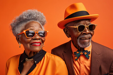 Old senior African American couple wearing orange modern fun clothes over orange background. Retirement joy and active lifestyle concept. Generative AI