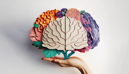 Hand holding papercut human brain with flowers and colors. Mental health conceptual banner. White background. Generative AI illustration