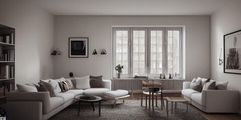 Fototapeta premium Stylish scandinavian living room with design mint sofa, furnitures, mock up poster map, plants and elegant personal accessories. Modern home decor. Bright and sunny room. Generative AI illustration.