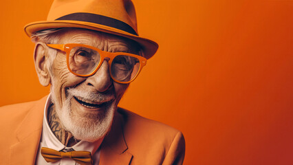 Portrait of adorable old man wearing orange modern clothes and sunglasses. Orange background with copy space. Generative AI - obrazy, fototapety, plakaty
